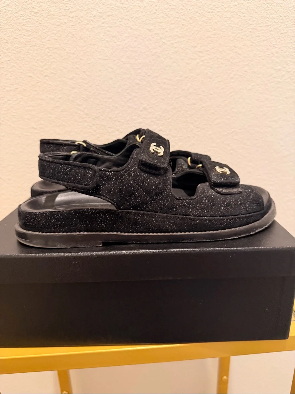 CHANEL Suede Kidskin Glitter Crystal Velcro Dad Sandals 39 Black Silver